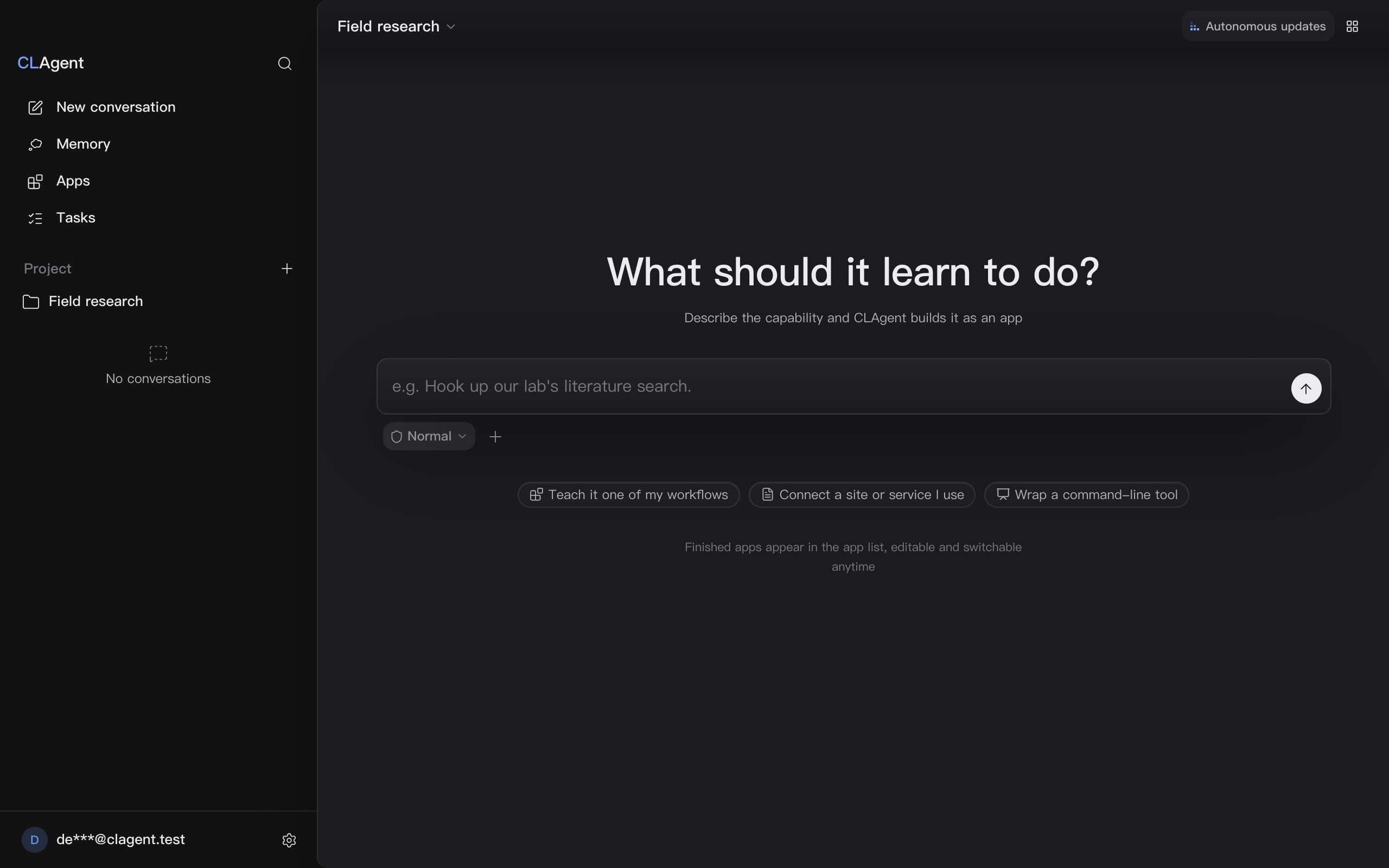 The first-screen title “What ability would you like to add?” and three opening phrases; after typing “Turn the process I use to compile visit records into an app: naming rules, section order, and keep the original line numbers” and sending it, an approval bar for “New app” rises above the input box, quoting this app's id; once approved, the answer states that “Field notes” has been installed, with one tool and a doc on writing discipline.