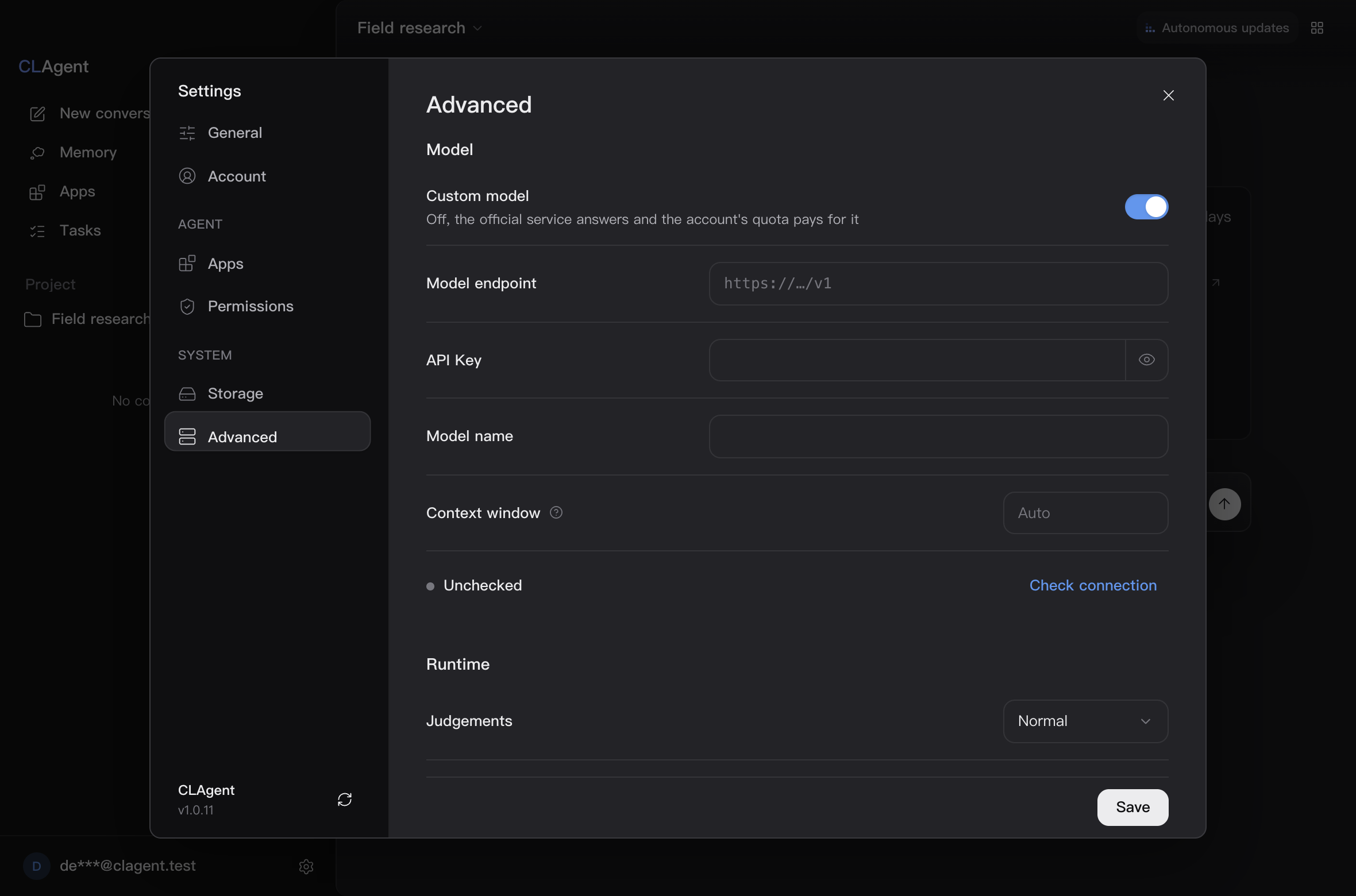 Settings · Advanced · Model: the custom model switch is on, the model endpoint is set to https://api.your-provider.com/v1, the API Key is masked as dots, the model name is gpt-5.2; after pressing “Check connection” the readout line becomes “Available, Context window 400K, detected from the model”.