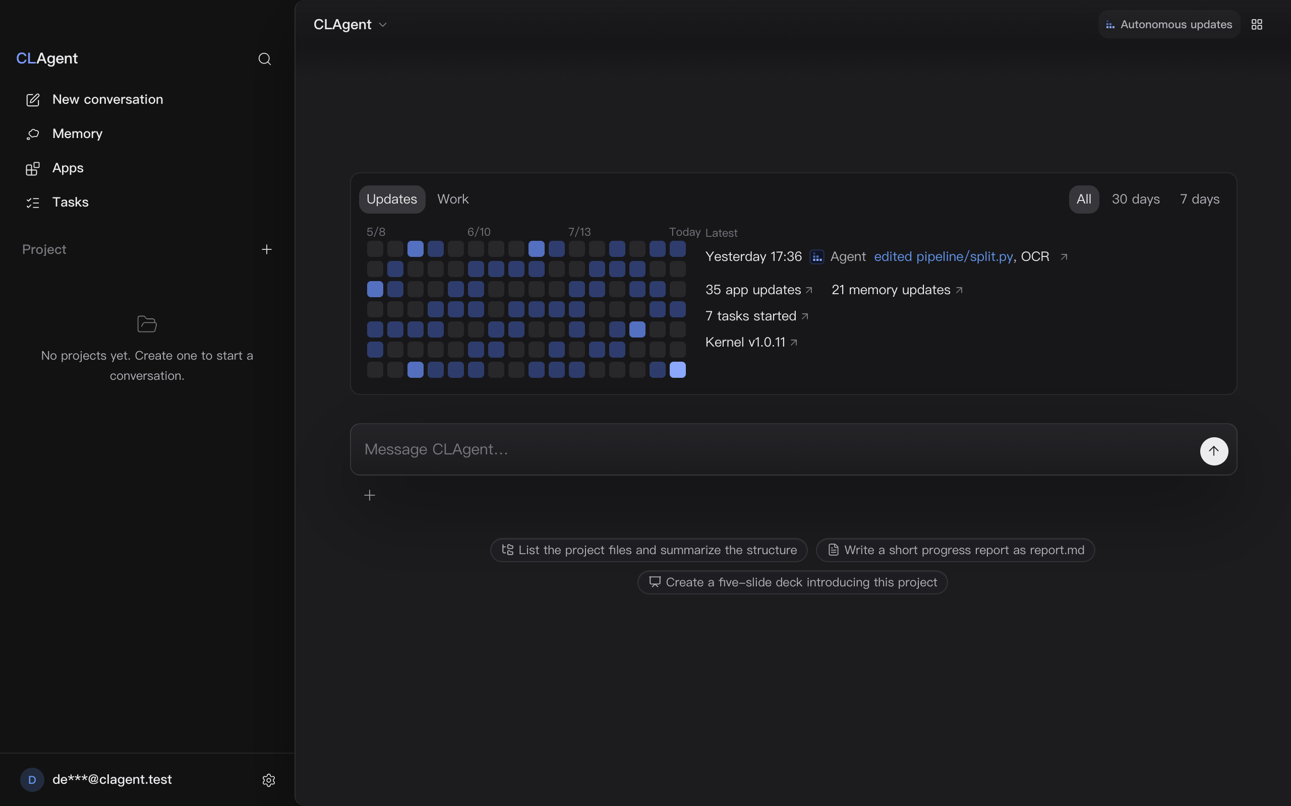 The plus at the right end of the “Projects” row in the sidebar; the “New project” dialog that opens holds a name row with the placeholder “My project”, a row “Add folder”, and “Cancel” and “Create” below; after typing “Field research” and creating it, the project appears in the sidebar and becomes the current project, and the title bar takes its name.